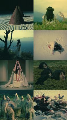 the collage shows several different images with one woman laying on the ground