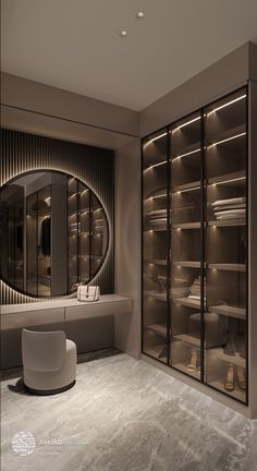 an elegant dressing room with mirrored shelves and mirrors on the walls is lit by recessed lights