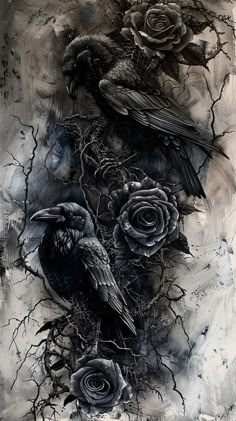 a painting with two birds and roses on it