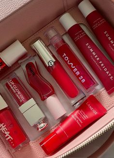 Red Beauty Products, Red Girly Things, Red Skin Care Products, Red Lip Products, Lip Gloss Collection Aesthetic, Red Skincare Aesthetic, Red Skin Care, Lippies Collection Aesthetic, Aesthetic Red Lipstick