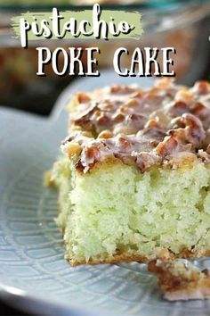 a close up of a piece of cake on a plate with the words poke cake