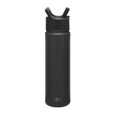 thermos bottle is black and has an insulated lid that holds two straws