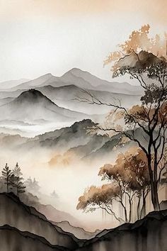 a painting of mountains and trees in the fog