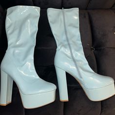 Size 11 - Fashion Nova Never Worn Only Tried On Was Stored In A Closet And I Believe The Glue In The Lining Of Zipper Dried Up And Started To Separate (Brownish Stains On Inside) Moved A Couple Times So A Few Scuffs And Dings May Be Visible Light Blue Round Toe Casual Heels, Light Blue Round Toe Heels, Blue High Heel Summer Boots, Blue High Heel Platform Boots, Blue Ankle-high Summer Boots, Blue High-top Platform Boots, Blue Ankle-high Platform Boots, Blue Closed Toe Boots For Spring, Trendy Blue Summer Boots