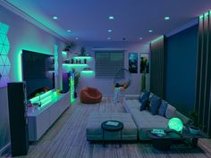 a living room filled with furniture and neon lights