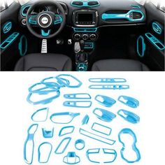 the interior of a car with blue trims and steering wheel arch guards on it