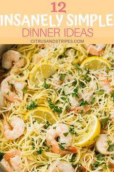 shrimp pasta with lemons and parsley in a skillet