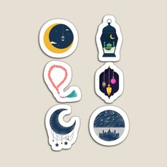 various stickers with different shapes and designs on them, including the moon, stars, crescent