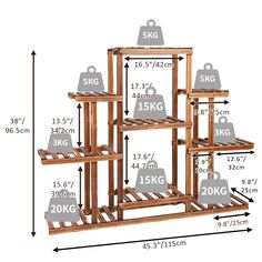 the wooden shelving unit is shown with measurements and measurements for each item in it