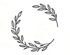 a black and white drawing of a wreath with leaves on it's sides, in the shape of a circle