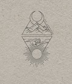 the sun and mountains are depicted in this hand - drawn illustration, which is on paper