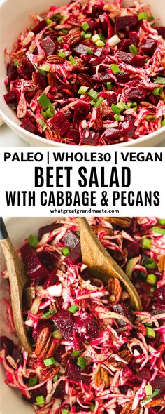 beet salad with cabbage and pecans in a white bowl