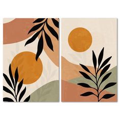 two canvases with plants and oranges on the wall in front of each other