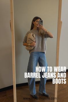 barrel jeans outfit Light Wash Barrel Jeans Outfit, Brown Barrel Jeans Outfit, Blue Barrel Jeans Outfit, Barrel Jeans Fall Outfit, Winter Barrel Jeans Outfit, Cropped Barrel Jeans Outfit, Burberry Boots Outfit, Fall Barrel Jean Outfits, Barrel Jeans With Boots