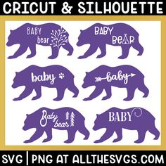 the silhouettes of bears are shown in purple and gold, with words that read cricut & silhouette