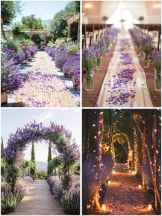 lavender flowers and candles are arranged in rows on the aisle, along with an archway that leads