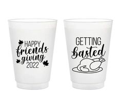 two shot glasses with the words happy friends giving, and an image of a turkey