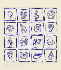 a blue and white drawing of different seashells