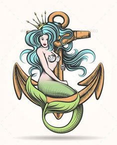 a mermaid sitting on an anchor with her hair blowing in the wind - animals characters