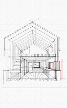 an architectural drawing of a building with stairs and windows in the center, on a white background