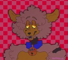 an image of a cartoon character with big hair and yellow eyes on checkered background