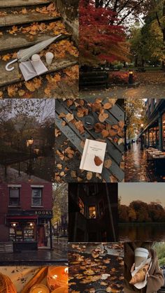 the collage shows many different scenes with autumn leaves, books, and umbrellas