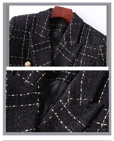 A true English classic. our Harley Tweed Blazer is made of high-quality tweed fabric with a gold plaid pattern. This classic piece is truly versatile and can be worn both during the day with skinny jeans and boots or at night with a dress for a glam look. Per usual orroshop style. the item is decorated with gold buttons. side flap pockets. and peak lapels. Size up if you are between sizes. Luxury Plaid Tweed Jacket For Office, Luxury Plaid Tweed Office Jacket, Black Houndstooth Tweed Jacket For Formal Occasions, Luxury Fall Tweed Dress For Office, Luxury Tweed Dress For Fall Office Wear, Luxury Tweed Dress For Office In Fall, Black Houndstooth Tweed Jacket For Business, Black Business Tweed Jacket With Houndstooth Pattern, Luxury Black Tweed Jacket For Business