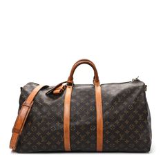 This is an authentic LOUIS VUITTON Monogram Keepall Bandouliere 55. This bag is crafted of signature Louis Vuitton monogram on toile coated dark brown canvas. The bag features a vachetta cowhide leather trim, rolled top handles, and polished gold hardware. The top zipper is open to a spacious cocoa brown fabric interior. Cocoa Brown, Brown Fabric, Brown Canvas, Leather Trim, Authentic Louis Vuitton, Cowhide Leather, Leather Trims, Gold Hardware, Louis Vuitton Monogram