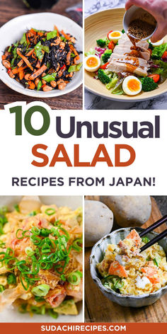 Four vibrant Japanese salad recipes featuring hijiki seaweed, chicken soba, potato salad, and sesame-dressed tofu showcased in rustic ceramic bowls