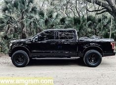 a black truck parked in front of some trees