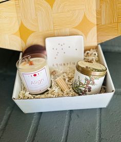 forest zen gift box set with align crystal candle, forest tin candle, matches, and ceramic dish, beautifully packaged for gifting Zodiac Ceramic, Gem Hair, Balance Energy, Zen Gifts, Reconnect With Nature, Crystal Candle, Mini Candles, Candle Box, Crystal Candles