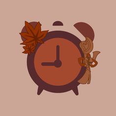 a clock with autumn leaves around it on a brown background and the time is 11 00