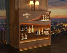 a wooden shelf with bottles on it in front of a cityscape at night