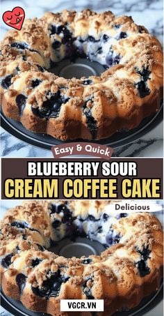 blueberry sour cream coffee cake on a black plate with the words easy and quick