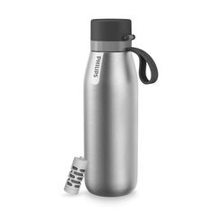 a stainless steel water bottle with a black lid and an insulated straw sticking out of it