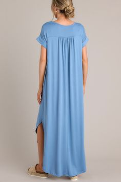 You adore variety and spice in your life, but when it comes to your favorite past time it’s Always The Same Thing. How could you top wearing this amazing maxi while headed to the beach with your main squeeze? Dress features a v-neckline, short cuffed dolman sleeves, gathering in back, pockets, double side slits, and a slight high-low curved hemline. 94% Polyester 6% Spandex  Hand Wash Cold or Dry Clean  Unlined  Made in the USA Model is wearing a small. Slate Blue Dress, Slate Blue Dresses, Blue Floral Print Dress, Main Squeeze, Red Dress Boutique, Slate Blue, Boutique Dresses, 15 Dresses, Dolman Sleeve