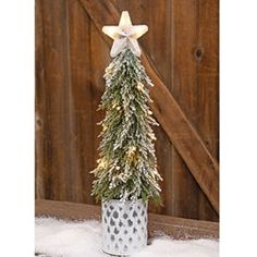 a small christmas tree in a tin can