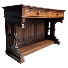 an old wooden church pulpit with two doors