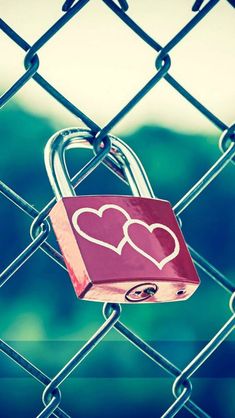 a padlock attached to a chain link fence with two hearts on it