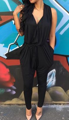 Black Plain Draped V-neck Elastic Waist Fashion Long Jumpsuit Town Outfits, Harem Jumpsuits, Vintage Jumpsuit, Long Jumpsuits, Sleeveless Jumpsuits, Dressy Casual, Party Night, Summer 2015, Passion For Fashion