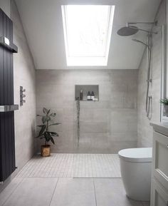 a white bathroom with a skylight above the toilet and shower stall, along with a plant on the floor