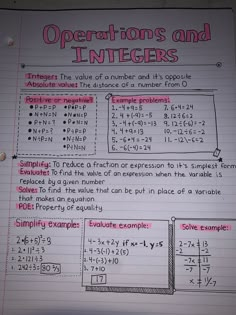 a piece of paper that has some type of numbers and functions on it, with the words operations and intigers written below