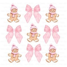 some pink bows and gingerbreads are in the shape of snowmen with hats