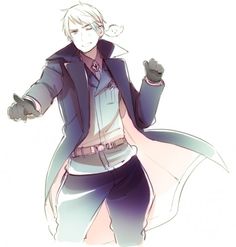 an anime character with white hair and blue eyes, wearing a purple coat and black pants