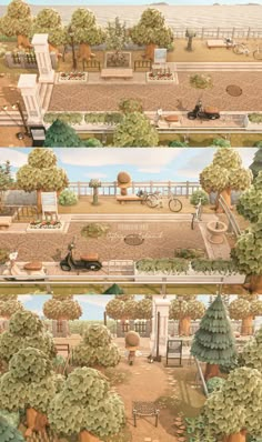 an illustrated view of a park with benches and trees