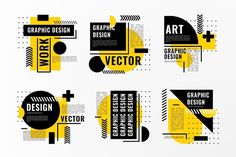 four different types of graphic design with black and yellow shapes on the side, including an arrow