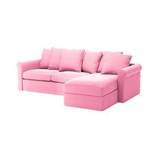 a pink sectional sofa with pillows on the top and bottom part, in front of a white background