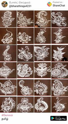 many different images of flowers and leaves drawn on paper