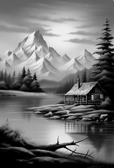 a black and white painting of a cabin by the water with mountains in the background