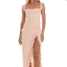 Lucy In The Sky Peach Dress -Maxi Length - Zipper Closure - Left Side Slit - Fully Lined - Made In Chiffon Fabric - Hand Wash Cold Dresses Lucy In The Sky, Lucy In The Sky Dress, Chiffon Ruffle Dress, Sky Pink, Lucy In The Sky, Peach Dress, Chiffon Ruffle, Dress Maxi, Chiffon Fabric